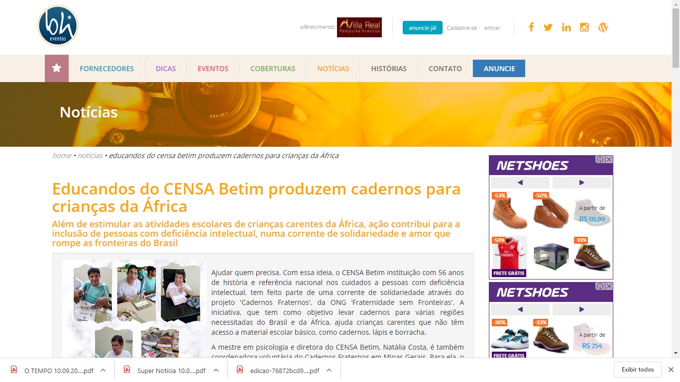 O portal BH Eventos destaca a participação dos educandos do CENSA Betim no projeto Cadernos Fraternos