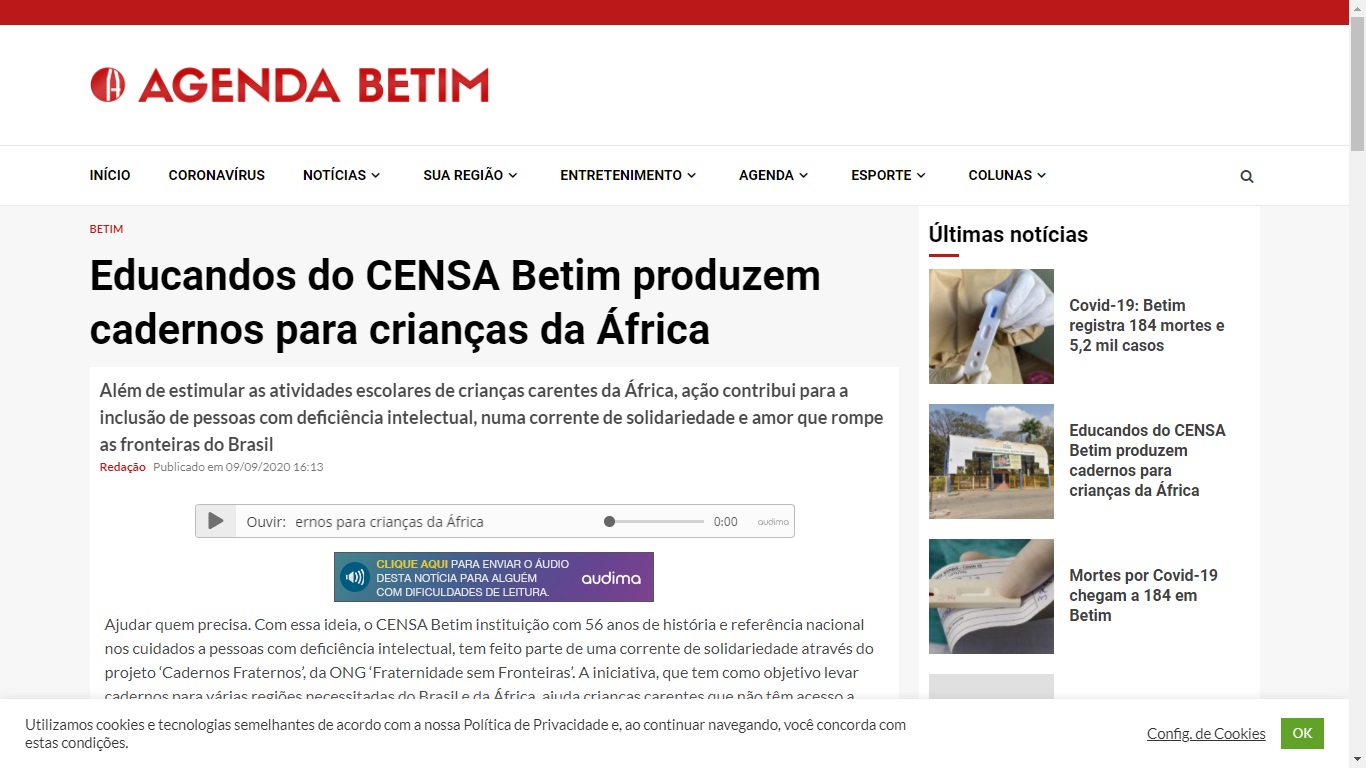 A participação do CENSA no projeto Cadernos Fraternos é notícia no Agenda Betim